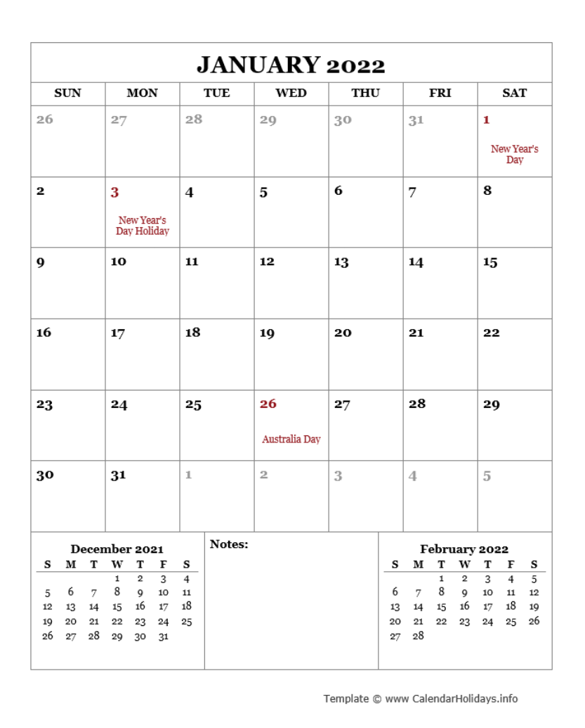 AUSTRALIA MONTHLY CALENDAR WITH LARGE SPACE FOR NOTES
