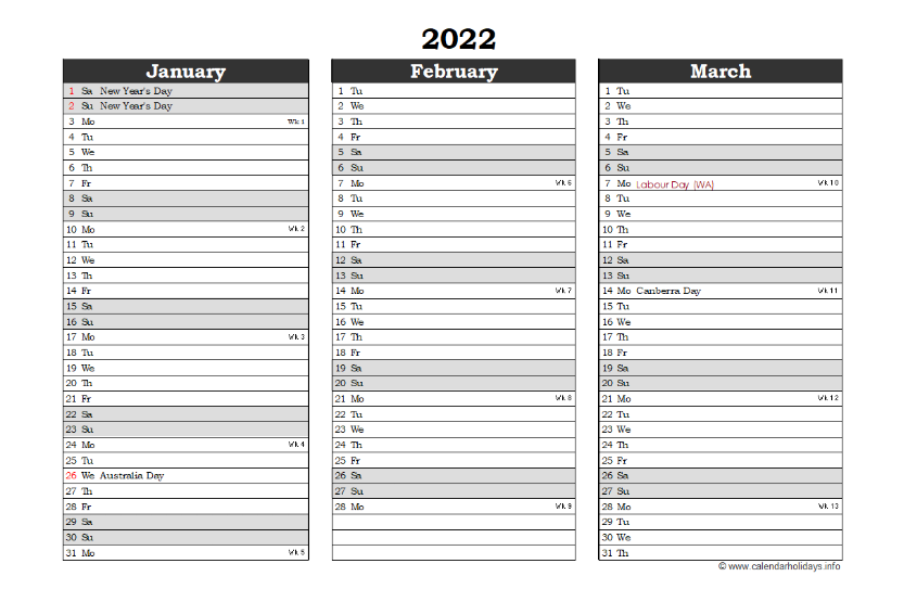 EXCEL THREE MONTH AUSTRALIA CALENDAR