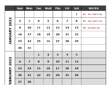 Printable Australia Quarterly Calendar