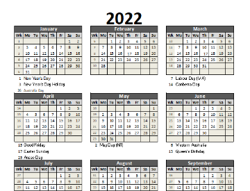 Yearly Australia Spreadsheet Calendar